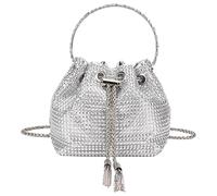 DODAMOUR Silver Rhinestone Bucket Bag for Women - Bling Crystal Crossbody Purse with Chain Strap, Sparkly Drawstring Evening Clutch for Wedding Prom Party (Silver)