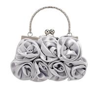 DODAMOUR Silver Satin Rose Evening Bag for Women, 3D Floral Clutch Purse with Metal Top Handle, Vintage Kiss Lock Wedding Handbag with Chain Strap (Silver)