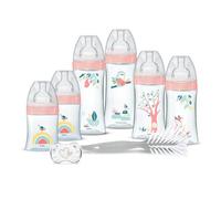 Dodie Kit Naissance - 6 Biberons Anti-Colique Tétines Plates, 1 Sucette Anatomique 0-2 Mois, 1 Goupillon - Sans BPA - Rose