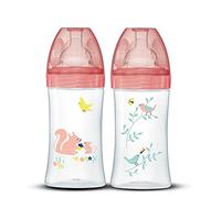 DODIE Sensation+ Anti-Colic Bottles (2 x 270 ml) - Flat Teat 2 Flow 2 BPA-Free - 0-6 Months - Garden Pink