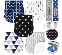 Dodo Babies 5-Pack Baby Burp Cloths - Soft, Absorbent Cotton Burp Cloths - Includes Pacifier Case And 2 Pacifier Clips - Colors: Black, Blue And Grey