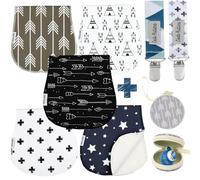 Dodo Babies 5-Pack Baby Burp Cloths - Soft, Absorbent Cotton Burp Cloths - Includes Pacifier Case and 2 Pacifier Clips - Colors: Blue, Grey and Black