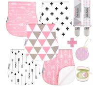 Dodo Babies 5-Pack Baby Burp Cloths - Soft, Absorbent Cotton Burp Cloths - Includes Pacifier Case And 2 Pacifier Clips - Colors: Pink And White