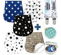 Dodo Babies 5-Pack Baby Burp Cloths - Soft, Absorbent Cotton Burp Cloths - Includes Pacifier Case and 2 Pacifier Clips - The Perfect Colors: Black, Blue, White and Grey