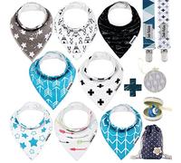 Dodo Babies Bandana Drool Bib Set - Eight 100% Cotton Bibs with Soft Polyester Lining, 2 Pacifier Clips, Binky Case, Blue Gift Bag for Baby Girl or Boy Shower - Adjustable Snap Fit for 3-24 Months