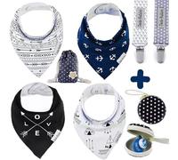 Dodo Babies Bandana Drool Bib Set - Four 100% Cotton Bibs with Soft Polyester Lining, 2 Pacifier Clips, Binky Case, Navy Dot Gift Bag for Baby Girl or Boy Shower - Adjustable Snap Fit for 3-24 Months