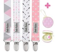 Dodo Babies Pacifier Clip Set - Four Clips Plus Binky Case - Universal Holder Fits Most Paci Brands, Teether Toys and Car Seats - Pink and Gray Prints for Girls or Boys