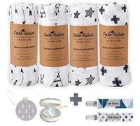 Dodo Babies Swaddle Blanket & Pacifier Clip Set - Four Large Cotton Muslin Receiving Blankets Plus Two Universal Binky Holders and Zip-Close Paci Case - Great for New Girl or Boy