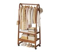 DODOBD Clothes Rail with Double Shelves,Hanging Bar,Hanger Hooks,Shoe Rack,Bamboo Coat Hanger Stand,Coat Stand for Small Space,Free Standing Wooden Coat Stand,Portable Clothes Rail