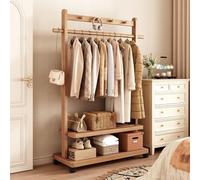 DODOBD Freestanding Bamboo Clothes Rail with Wheels,Multi-functional Garment Rack with Hanging Bar,Open Wardrobe for Hanging Clothes,Coat Rack for Bedroom Hallway Office,65/85/105/120cm