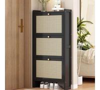 DodoBD Slim Shoe Cabinet, Boho Style, Wooden Rattan Shoe Storage for Bedroom and Hallway