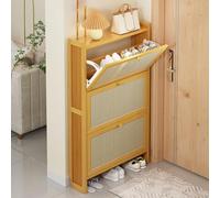 DODOBD Wooden Shoe Storage Cabinet, Boho Style Rattan Shoe Rack, 3 Drawers, 2 Doors, 17CM Width, Bamboo & Rattan, Slim, Tall, Easy Assembly