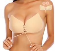 DODOING Invisible Bra，Women's Strapless Adhesive Reusable Stick on Br a Sticky Push Up B ra for Backless Dress Nude D