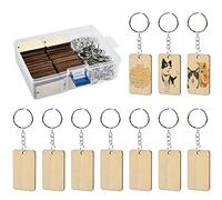 DODUOS 100Pcs Blank Wooden Keychains, 5 * 3cm Rectangular Predrilled Unfinished Natural Wood Slices with 100Pcs Key Rings for DIY Crafts, Blank Wooden Keyring for Christmas Decorations Ornaments