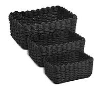 DODUOS 3Pcs Woven Storage Baskets, 3 Sizes Recycled Paper Rope Woven Organizer, Black Paper Storage Basket Braided Multipurpose Organiser Box for Cupboard Drawer Closet Shelf Dresser