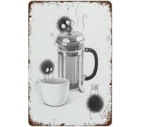 Dodurou Coffee Tea Sprites Breakfast Nook Soot Sprite French Press Studio Ghibli Wal Retro Nostalgic Metal Aluminum Sign Wall Quote Living Room Bathroom Gym for Friends Family Lady 6x8 Inch