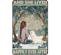 Dodurou Retro Tin Sign Metal Poster, Girl and Westie Dog and She Lived, Happily Ever After Metal Wall Art for Home Bar Kitchen Garden Plaque 12x16 Inch Decor Gifts
