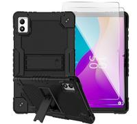 Doemoil case for ApoloMedia EM101A/TWTNVOF EM101A/Digiland DL1050 10.1 inch Tablet with Shoulder Strap Hard Back Hybrid Shockproof Kids Friendly Case (Black+2PCS Glass)