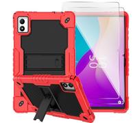 Doemoil case for ApoloMedia EM101A/TWTNVOF EM101A/Digiland DL1050 10.1 inch Tablet with Shoulder Strap Hard Back Hybrid Shockproof Kids Friendly Case (Red/Black+2PCS Glass)