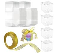 DOERDO 1 Roll+50 Pcs Clear Plastic Boxes Glitter Wrapping Ribbon, 2 x 2 x 2 Inch Macaron Cookie Cupcake Candy Box for Wedding Party Baby Shower Favors