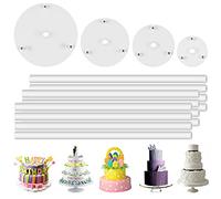 DOERDO DD 4 Tier Cake Separator Plates and 12 Pieces Cake Dowel Rods Set | Food-Grade Plastic Cake Separator Plates, 12 Cuttable Support Dowel Rods, Reusable Stacking Set