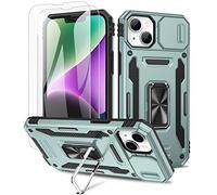 Doeshine for iPhone 14/13 Case, 2 Pack Tempered Glass Screen Protector, Built-in 360° Rotate Ring Kickstand & Slide Camera Cover, Shockproof Military Drop Protection Heavy Duty Cases (Green)