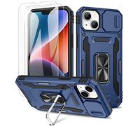 Doeshine for iPhone 14/13 Case, 2 Pack Tempered Glass Screen Protector, Built-in 360° Rotate Ring Kickstand & Slide Camera Cover, Shockproof Military Drop Protection Heavy Duty Cases (Navy)