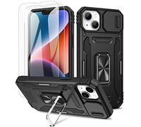 Doeshine for iPhone 14/13 Case, 2 Pack Tempered Glass Screen Protector, Built-in 360° Rotate Ring Kickstand & Slide Camera Cover, Shockproof Military Drop Protection Heavy Duty Cases (Black)
