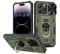 Doeshine for iPhone 14 Pro Case with Kickstand & Slide Camera Cover, Built-in 360° Rotate Ring Stand Magnetic, Heavy Duty Shockproof Protective Phone Cover Case for iPhone 14 Pro 6.1 inch (Green)