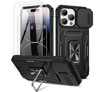 Doeshine for iPhone 14 Pro Max Case, 2 Pack Screen Protector, with 360°Rotate Ring Kickstand & Slide Camera Cover, Military Drop Protection, Shockproof Case for iPhone 14 Pro Max Case (Black)