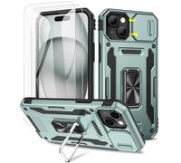 Doeshine for iPhone 15 Case, 2 Pack Screen Protector, with Built-in 360° Rotate Ring Kickstand & Slide Camera Cover, Heavy Duty Outdoor Shockproof Military Drop Protection Case for iPhone 15 (Green)