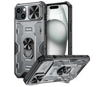 Doeshine for iPhone 15 Case with Kickstand & Slide Camera Cover, Built-in 360° Rotate Ring Stand Magnetic, Heavy Duty Shockproof Protective Cover for iPhone 15 6.1 5G 2023 （Gray