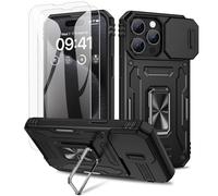 Doeshine for iPhone 15 Pro Case, 2 Pack Screen Protector, with Magnetic Ring Kickstand & Slide Camera Cover, Shockproof Military Drop Protection Cases for iPhone 15 Pro 5G (Black)