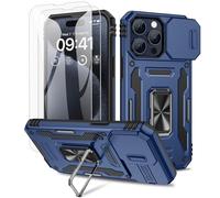 Doeshine for iPhone 15 Pro Case, 2 Pack Screen Protector, with Magnetic Ring Kickstand & Slide Camera Cover, Shockproof Military Drop Protection Cases for iPhone 15 Pro 5G (Navy)