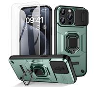 Doeshine for iPhone 15 Pro Case, with 2 Pack Screen Protector and Slide Camera Cover, 360° Ring Stand Holder Kickstand, Full Body Armour Military Grade Shockproof Protective Phone Cover (Green)