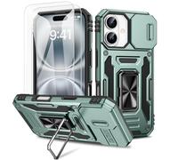 Doeshine for iPhone 16 Case, 2 Pack Screen Protector, with 360° Rotate Ring Kickstand & Slide Camera Cover, Heavy Duty Outdoor Shockproof Military Drop Protection Case for iPhone 16 (Green)