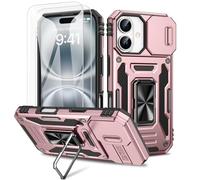 Doeshine for iPhone 16 Case, 2 Pack Screen Protector, with 360° Rotate Ring Kickstand & Slide Camera Cover, Heavy Duty Outdoor Shockproof Military Drop Protection Case for iPhone 16 (Rose Gold)
