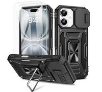 Doeshine for iPhone 16 Case, 2 Pack Screen Protector, with 360° Rotate Ring Kickstand & Slide Camera Cover, Heavy Duty Outdoor Shockproof Military Drop Protection Case for iPhone 16 (Black)