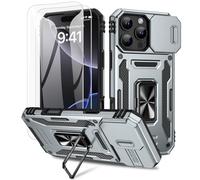Doeshine for iPhone 16 Pro Case, 2 Pack Screen Protector, with Magnetic Ring Kickstand & Slide Camera Cover, Heavy Duty Outdoor Shockproof Military Drop Protection Case for iPhone 16 Pro (Grey)