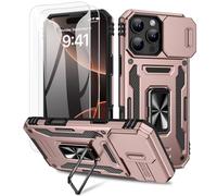Doeshine for iPhone 16 Pro Case, 2 Pack Screen Protector, with Magnetic Ring Kickstand & Slide Camera Cover, Heavy Duty Outdoor Shockproof Military Drop Protection Case for iPhone 16 Pro (Rose Gold)