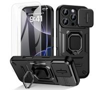 Doeshine for iPhone 16 Pro Case, with 2 Pack Screen Protector and Slide Camera Cover, 360° Ring Stand Holder Kickstand, Full Body Armour Military Grade Shockproof Protective Phone Cover (Black)