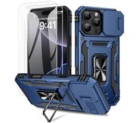 Doeshine for iPhone 16 Pro Max Case, 2 Pack Screen Protector, with 360°Rotate Ring Kickstand & Slide Camera Cover, Shockproof Military Drop Protection Case for iPhone 16 Pro Max (Navy)