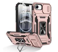 Doeshine for iPhone 16e 2025 Case, 2 Pack Screen Protector, with Rotate Ring Kickstand & Slide Camera Cover, Shockproof Military Drop Protection Heavy Duty Outdoor Case for iPhone 16e (Rose Gold)
