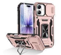 Doeshine for iPhone 17 Case, 2 Pack Screen Protector, with 360° Rotate Ring Kickstand & Slide Camera Cover, Heavy Duty Outdoor Shockproof Military Drop Protection Case for iPhone 17 (Rose Gold)