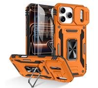 Doeshine for iPhone 17 Pro Case, 2 Pack Screen Protector, with Ring Kickstand & Slide Camera Cover, Heavy Duty Outdoor Shockproof Military Drop Protection Case for iPhone 17 Pro (Orange)