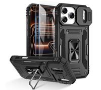 Doeshine for iPhone 17 Pro Case, 2 Pack Screen Protector, with Ring Kickstand & Slide Camera Cover, Heavy Duty Outdoor Shockproof Military Drop Protection Case for iPhone 17 Pro (Black)
