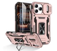 Doeshine for iPhone 17 Pro Max Case, 2 Pack Screen Protector, with 360° Rotate Ring Kickstand & Slide Camera Cover, Shockproof Military Drop Protection Case for iPhone 17 Pro Max (Rose Gold)