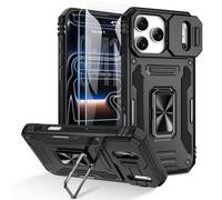 Doeshine for iPhone 17 Pro Max Case, 2 Pack Screen Protector, with 360° Rotate Ring Kickstand & Slide Camera Cover, Shockproof Military Drop Protection Case for iPhone 17 Pro Max (Black)