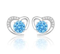 DOETYD 1 Pair 2PCS Silver White Gold Hypoallergenic Cubic Zirconia Heart Stud Earrings for Women,Birthday Jewellery Gift for Women,Girls,Blue Stone