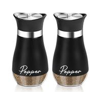 DOETYD 2 Black Salt and Pepper Shakers Set 1 Salt +1 Pepper Shakers Salt Shakers with Clear Glass Bottom and Stainless Steel Lid for Kitchen Restaurant Camping Dining